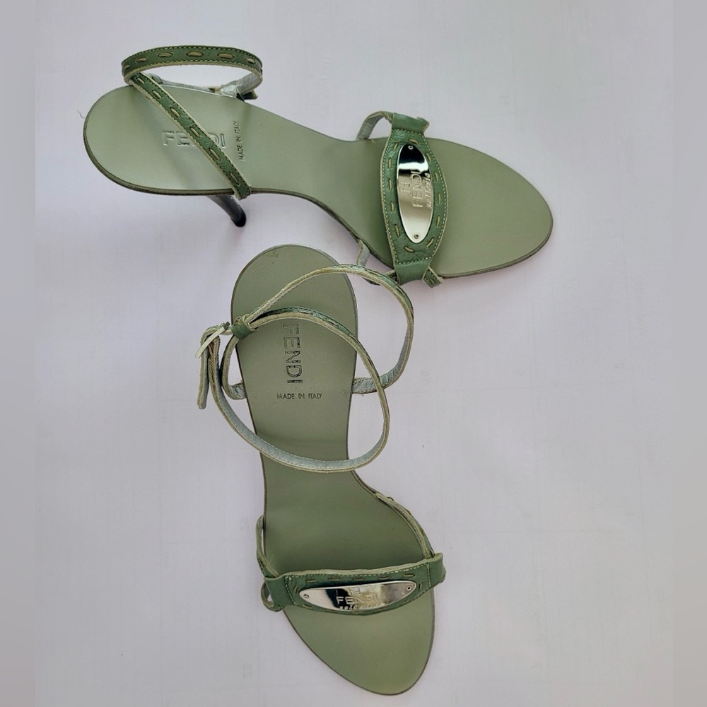 Fendi Embossed Silver Applique Strappy Sandals